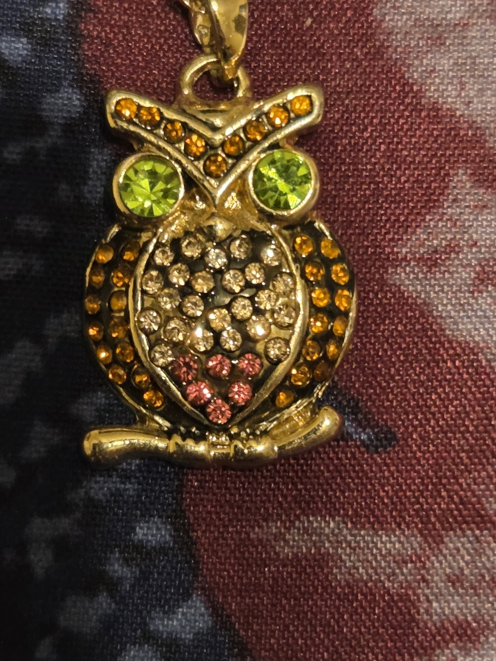 Gold-Tone Owl Pendant Necklace with Green and Pink Crystal Accents
